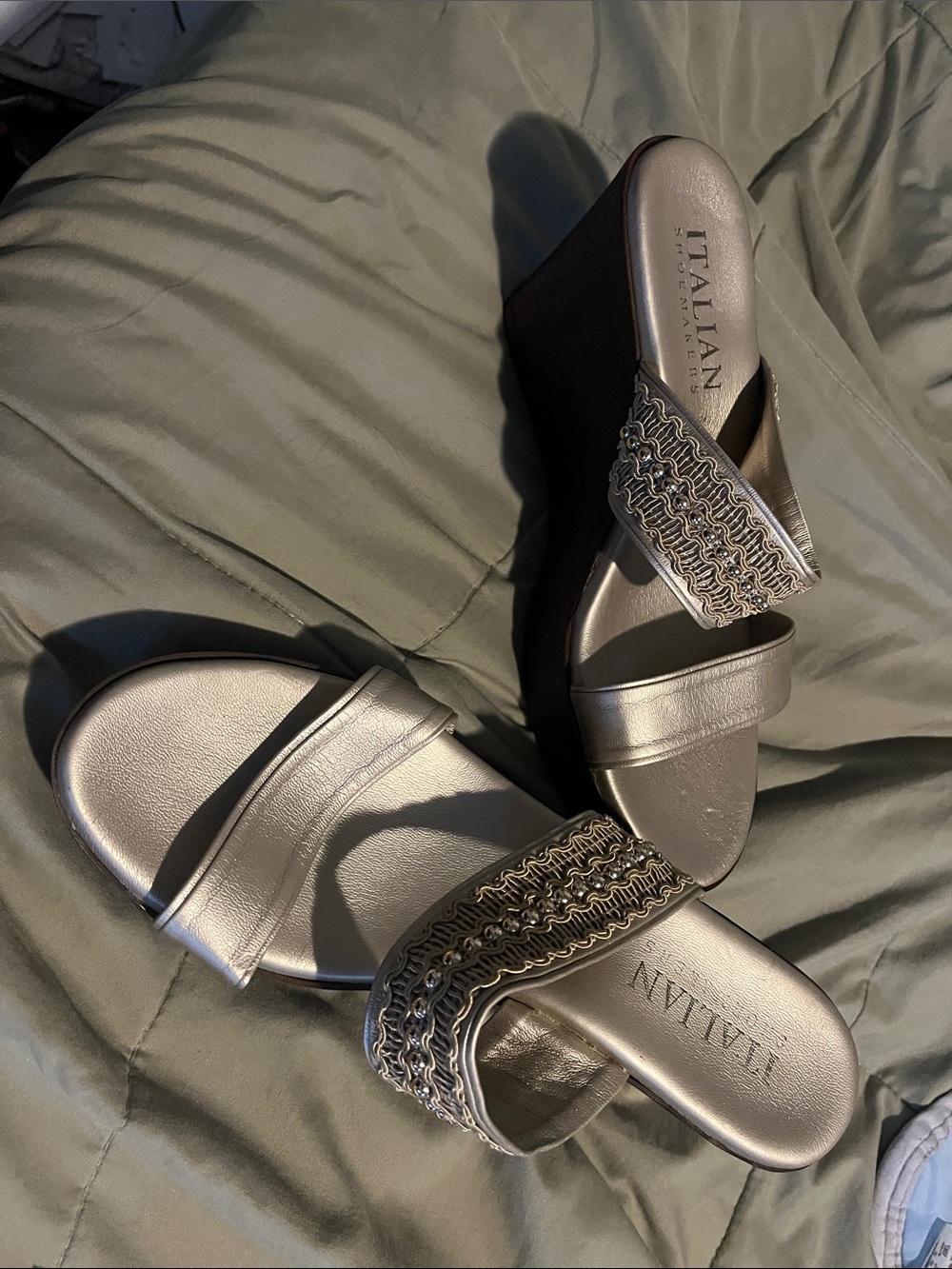 ITALIAN Shoemakers Silver Wedge Sandals - Elegant Slip-On for Women